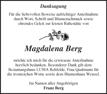 Traueranzeige von Magdalena Berg von Märkische Oderzeitung