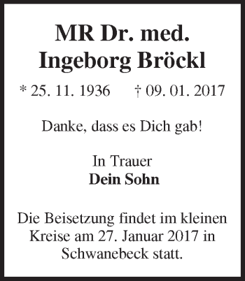 Traueranzeige von Ingeborg Bröckl von Märkische Oderzeitung