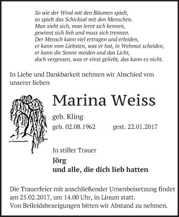 Traueranzeige von Marina Weiss von Märkische Oderzeitung