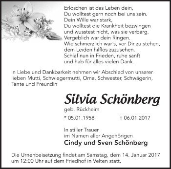 Traueranzeige von Silvia Schönberg von Märkische Oderzeitung