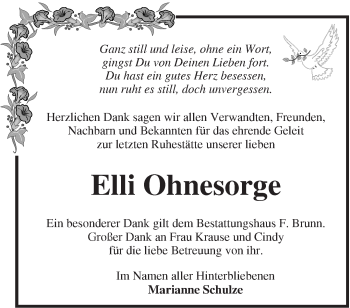 Traueranzeige von Elli Ohnesorge von Märkische Oderzeitung