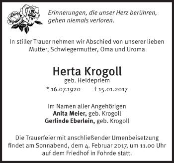 Traueranzeige von Herta Krogoll von Märkische Oderzeitung