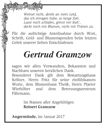 Traueranzeige von Gertrud Gramzow von Märkische Oderzeitung