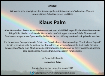 Traueranzeige von Klaus Palm von Märkische Oderzeitung