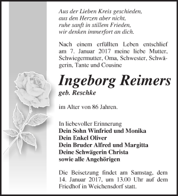 Traueranzeige von Ingeborg Reimers von Märkische Oderzeitung