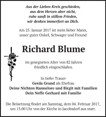 Traueranzeige von Richard Blume von Märkische Oderzeitung