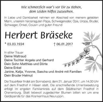 Traueranzeige von Herbert Bräseke von Märkische Oderzeitung