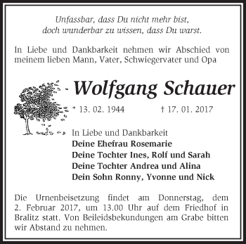 Traueranzeige von Wolfgang Schauer von Märkische Oderzeitung