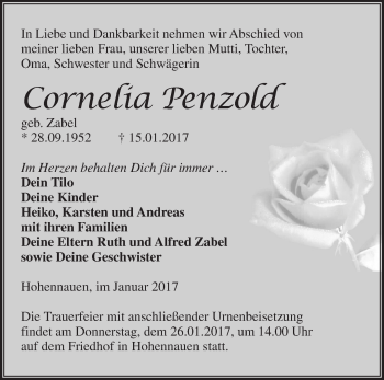 Traueranzeige von Cornelia Penzold von Märkische Oderzeitung