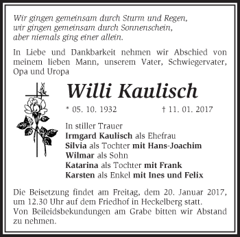 Traueranzeige von Willi Kaulisch von Märkische Oderzeitung