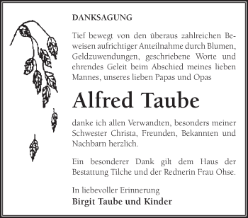 Traueranzeige von Alfred Taube von Märkische Oderzeitung