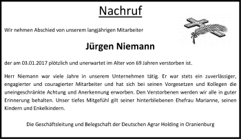 Traueranzeige von Jürgen Niemann von Märkische Oderzeitung