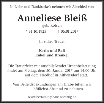 Traueranzeige von Anneliese Bleiß von Märkische Oderzeitung