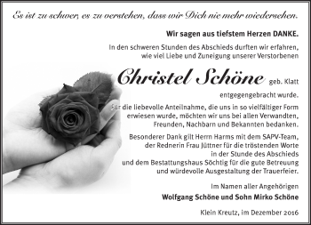 Traueranzeige von Christel Schöne von Märkische Oderzeitung