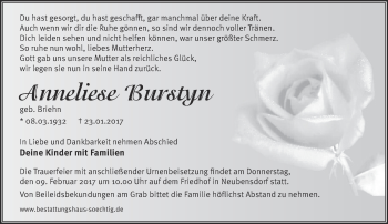 Traueranzeige von Anneliese Burstyn von Märkische Oderzeitung