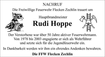 Traueranzeige von Rudi Hoppe von Märkische Oderzeitung