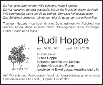 Traueranzeige von Rudi Hoppe von Märkische Oderzeitung