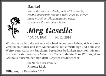 Traueranzeige von Jörg Geselle von Märkische Oderzeitung