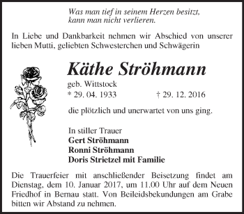 Traueranzeige von Käthe Ströhmann von Märkische Oderzeitung