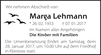 Traueranzeige von Marga Lehmann von Märkische Oderzeitung