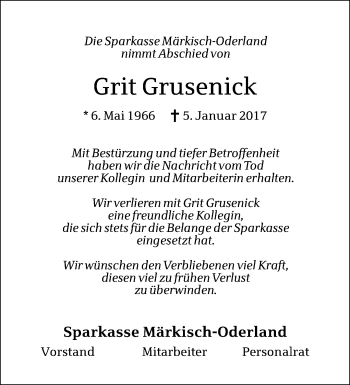 Traueranzeige von Grit Grusenick von Märkische Oderzeitung