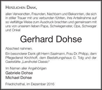 Traueranzeige von Gerhard Dohse von Märkische Oderzeitung