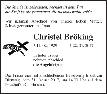 Traueranzeige von Christel Bröking von Märkische Oderzeitung