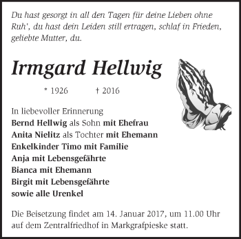 Traueranzeige von Irmgard Hellwig von Märkische Oderzeitung