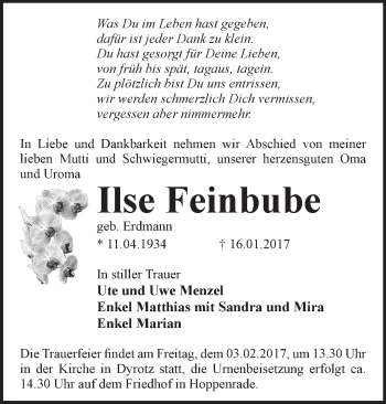 Traueranzeige von Ilse Feinbube von Märkische Oderzeitung