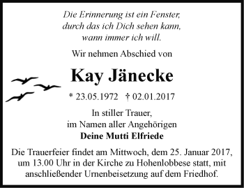 Traueranzeige von Kay Jänecke von Märkische Oderzeitung