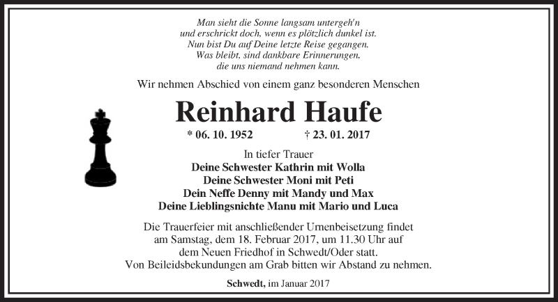  Traueranzeige für Reinhard Haufe vom 31.01.2017 aus Märkische Oderzeitung