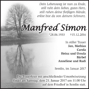 Traueranzeige von Manfred Simon von Märkische Oderzeitung