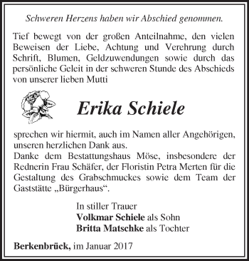 Traueranzeige von Erika Schiele von Märkische Oderzeitung