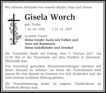 Traueranzeige von Gisela Worch von Märkische Oderzeitung