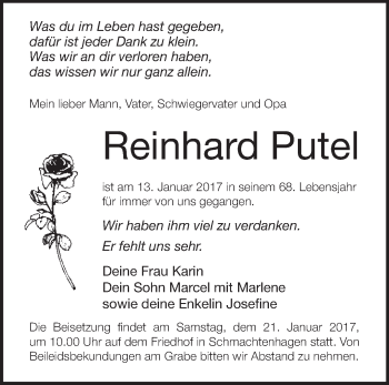 Traueranzeige von Reinhard Putel von Märkische Oderzeitung