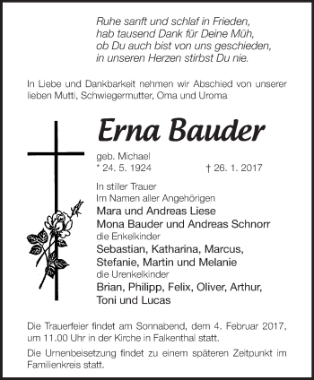 Traueranzeige von Erna Bauder von Märkische Oderzeitung