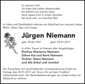 Traueranzeige von Jürgen Niemann von Märkische Oderzeitung