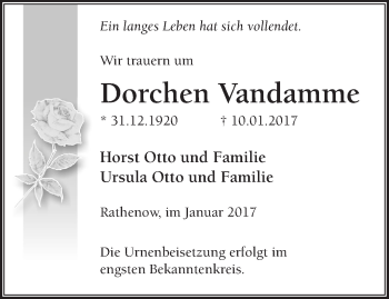 Traueranzeige von Dorchen Vandamme von Märkische Oderzeitung