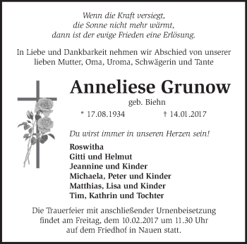 Traueranzeige von Anneliese Grunow von Märkische Oderzeitung