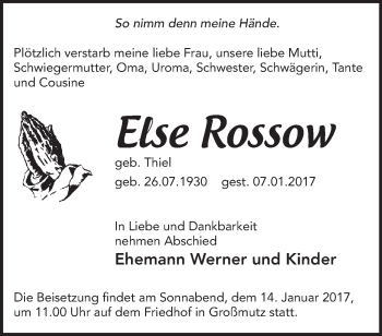 Traueranzeige von Else Rossow von Märkische Oderzeitung