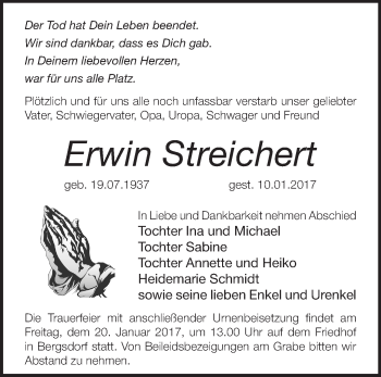 Traueranzeige von Erwin Streichert von Märkische Oderzeitung