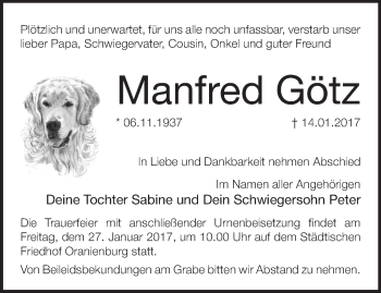 Traueranzeige von Manfred Götz von Märkische Oderzeitung