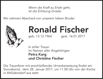 Traueranzeige von Ronald Fischer von Märkische Oderzeitung