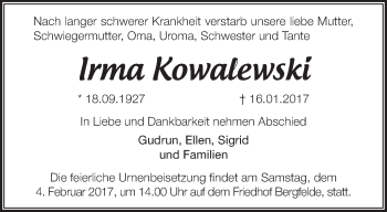 Traueranzeige von Irma Kowaiewski von Märkische Oderzeitung