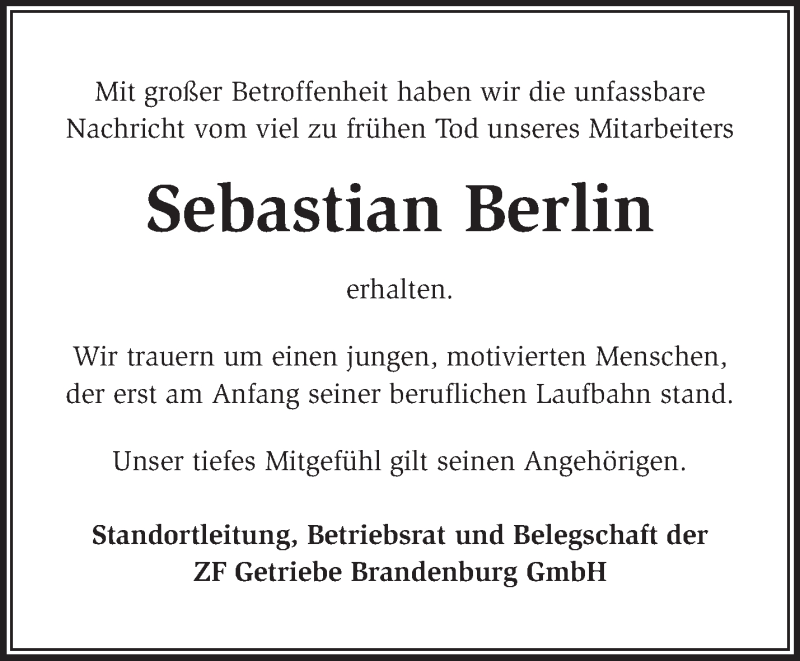  Traueranzeige für Sebastian Berlin vom 08.01.2017 aus Märkische Oderzeitung