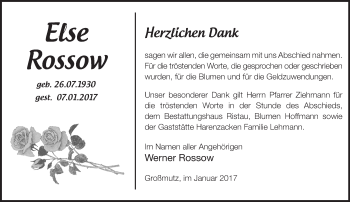 Traueranzeige von Else Rossow von Märkische Oderzeitung