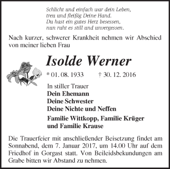 Traueranzeige von Isolde Werner von Märkische Oderzeitung