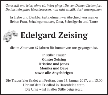 Traueranzeige von Edelgard Zeising von Märkische Oderzeitung