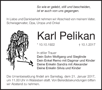 Traueranzeige von Karl Pelikan von Märkische Oderzeitung