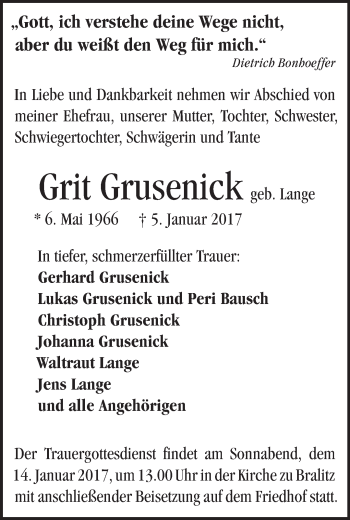 Traueranzeige von Grit Grusenick von Märkische Oderzeitung